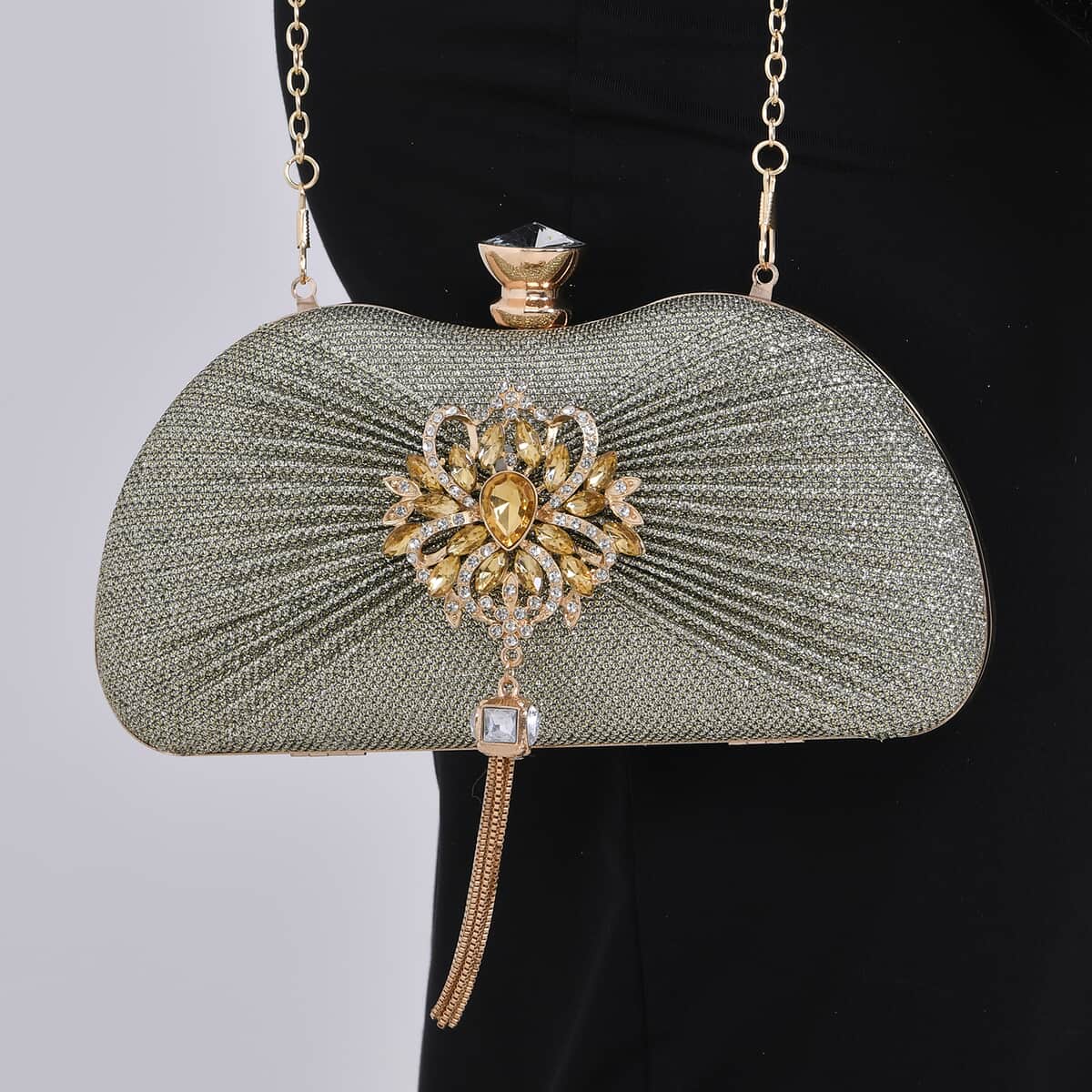 Miggie D Gold Crystal Tassel Clutch Bag with Shoulder Chain image number 2