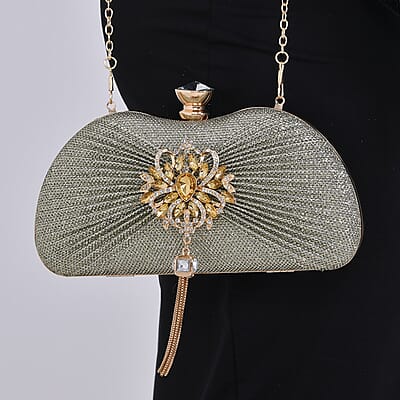 Miggie D Gold Crystal Tassel Clutch Bag with Shoulder Chain