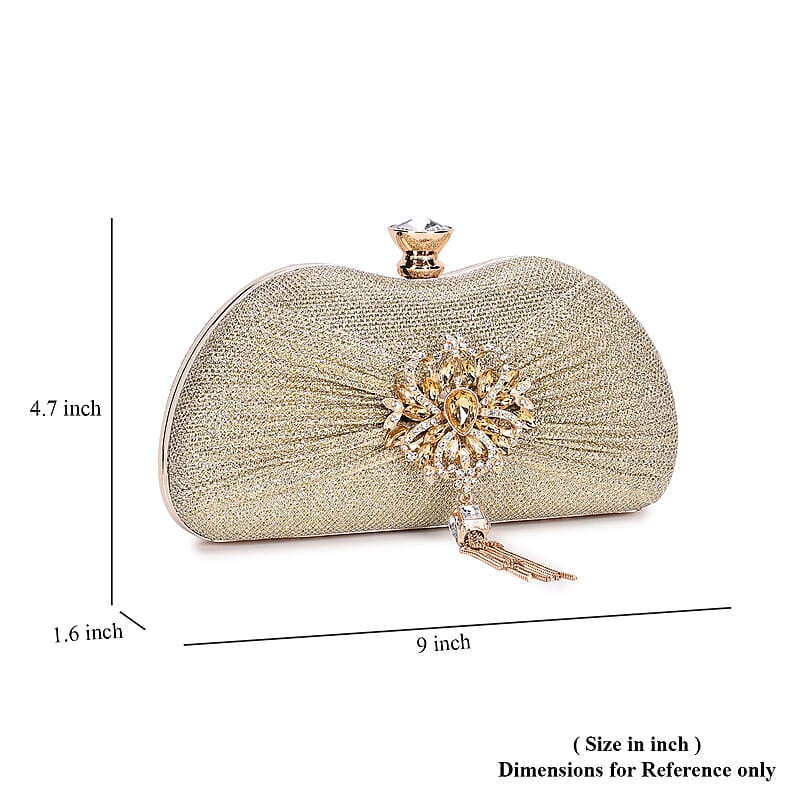 Miggie D Gold Crystal Tassel Clutch Bag with Shoulder Chain