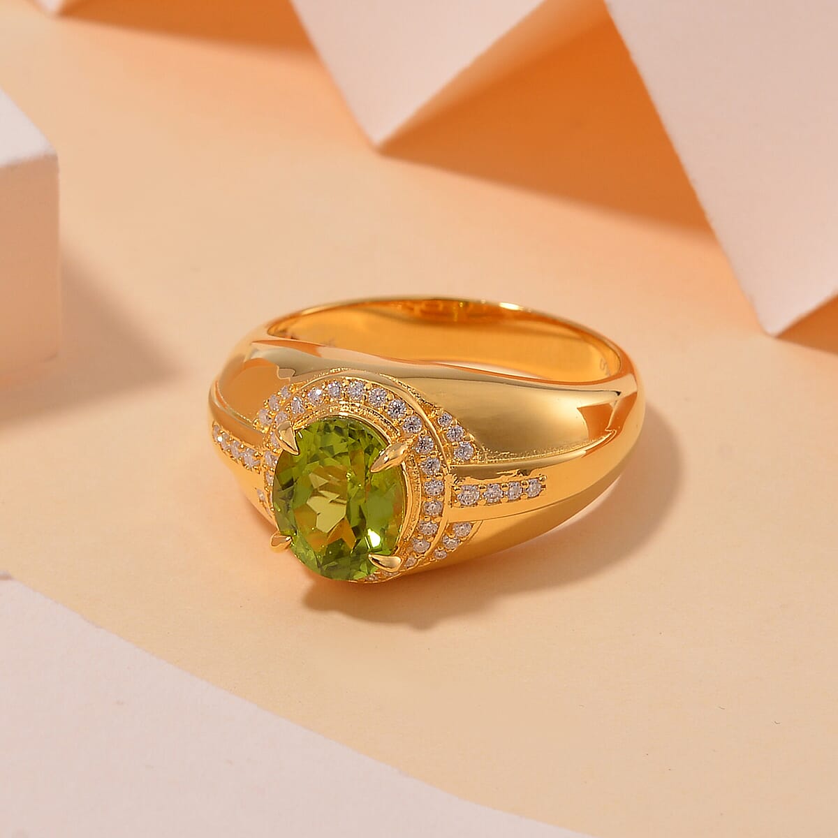 Hebei Peridot and Moissanite 3.15 ctw Infinity Passage Men's Ring in 18K Vermeil Yellow Gold Over Sterling Silver (Size 10.0) image number 1