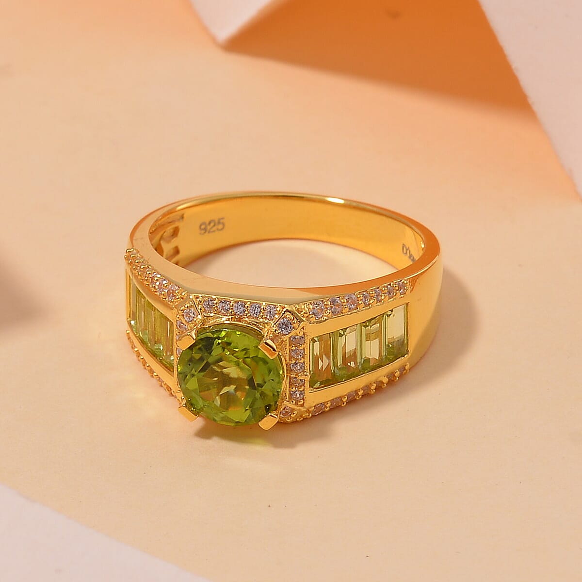 Hebei Peridot and White Zircon 2.70 ctw Honor Ring in 18K Vermeil Yellow Gold Over Sterling Silver (Size 10.0) image number 1