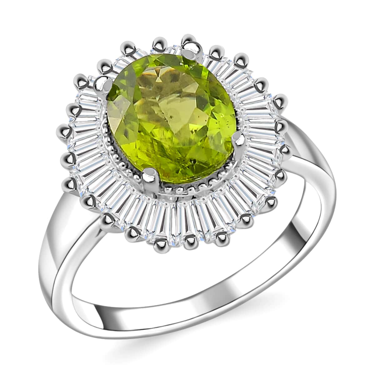 Hebei Peridot and Moissanite 3.75 ctw Victory Tribute Ring in Rhodium Over Sterling Silver (Size 10.0) image number 0