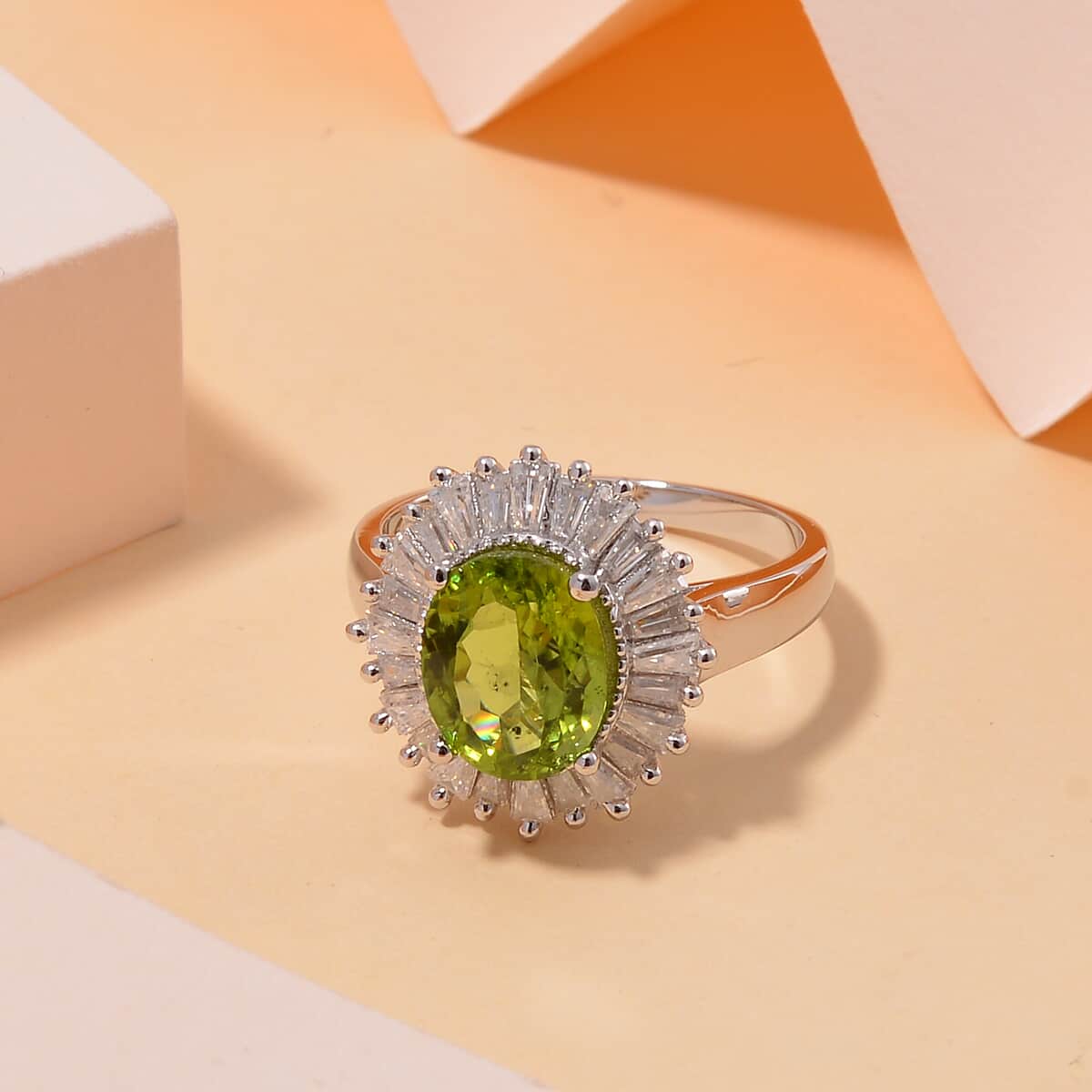 Hebei Peridot and Moissanite 3.75 ctw Victory Tribute Ring in Rhodium Over Sterling Silver (Size 10.0) image number 1