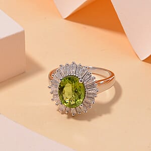 Hebei Peridot and Moissanite 3.75 ctw Victory Tribute Ring in Rhodium Over Sterling Silver (Size 7.0)