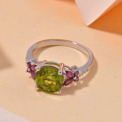 Hebei Peridot and Multi Gemstone 3.75 ctw Flutter Wing Ring in Rhodium Over Sterling Silver (Size 10.0)
