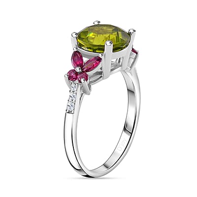 Hebei Peridot and Multi Gemstone 3.75 ctw Flutter Wing Ring in Rhodium Over Sterling Silver (Size 10.0)