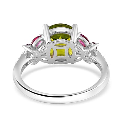 Hebei Peridot and Multi Gemstone 3.75 ctw Flutter Wing Ring in Rhodium Over Sterling Silver (Size 10.0)