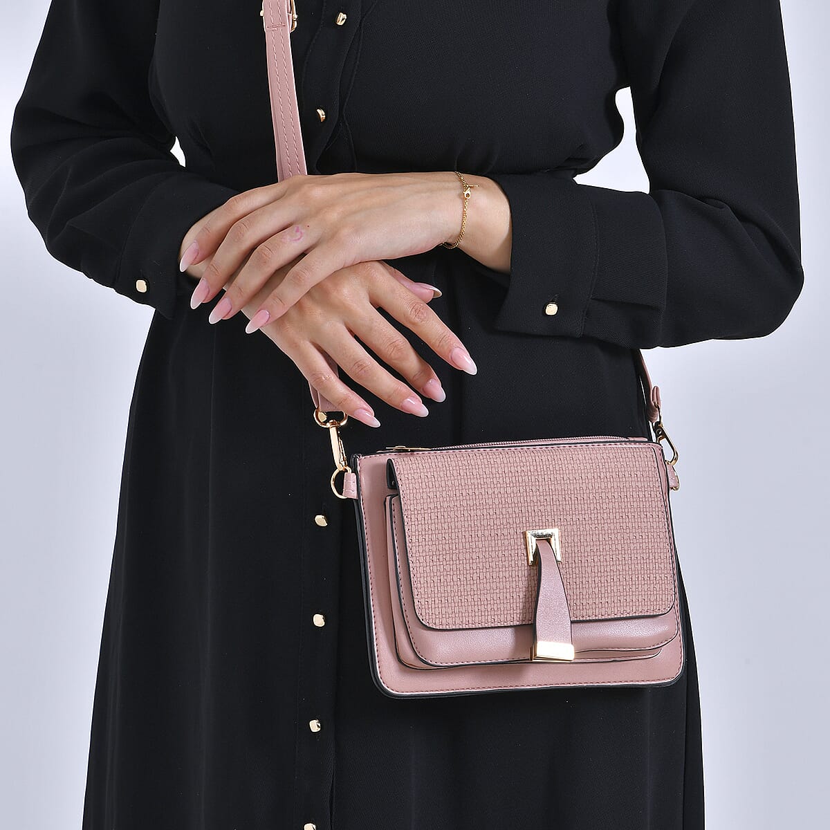 2in 1 Pink Faux Leather Crossbody Bag and Belt Bag with Strap image number 2