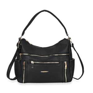 Black Multi-Pocket Faux Leather Crossbody Bag with Shoulder Strap