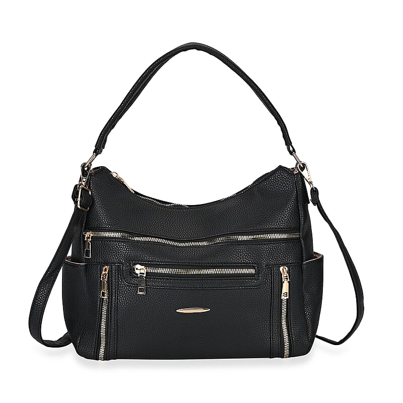 Black Multi-Pocket Faux Leather Crossbody Bag with Shoulder Strap