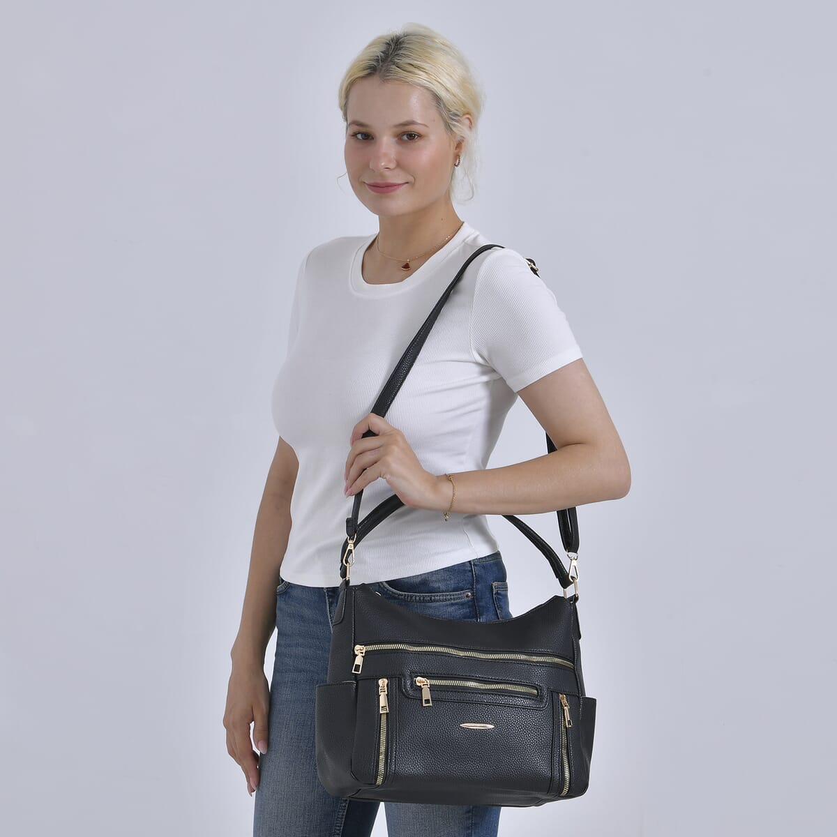 Black Multi-Pocket Faux Leather Crossbody Bag (12.6"x5"x11") with Shoulder Strap (47.2") image number 1