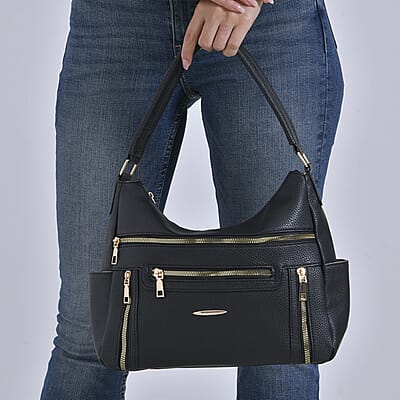 Black Multi-Pocket Faux Leather Crossbody Bag with Shoulder Strap