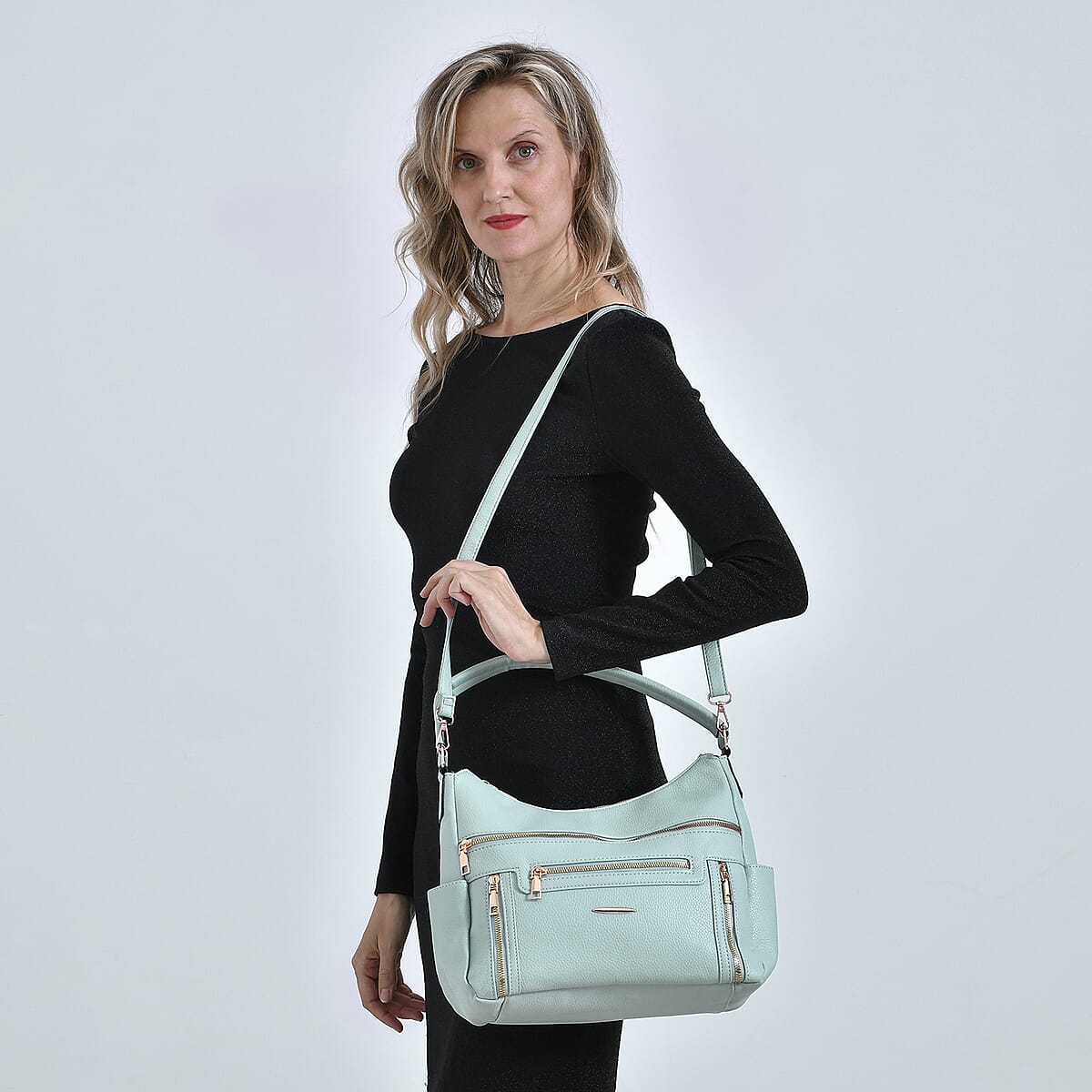 Mint Green Multi-Pocket Faux Leather Crossbody Bag with Shoulder Strap image number 1