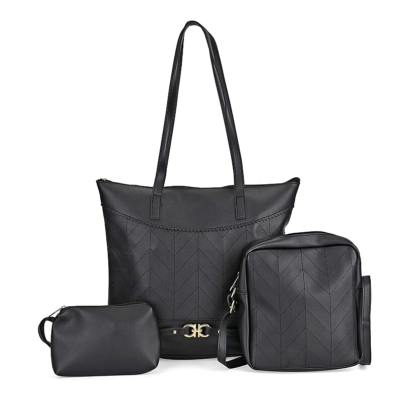Set of 3 Bags, Black Faux Leather Tote Bag, Crossbody Bag and Wrist Bag