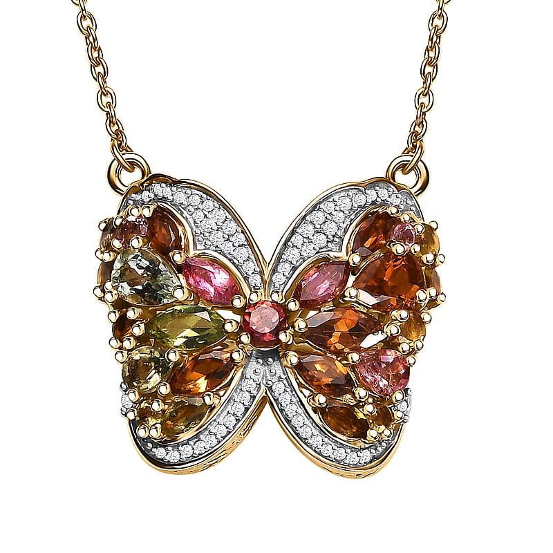 Multi-Tourmaline and Moissanite 3.40 ctw Butterfly Necklace in 18K Vermeil Yellow Gold Over Sterling Silver 18 Inches