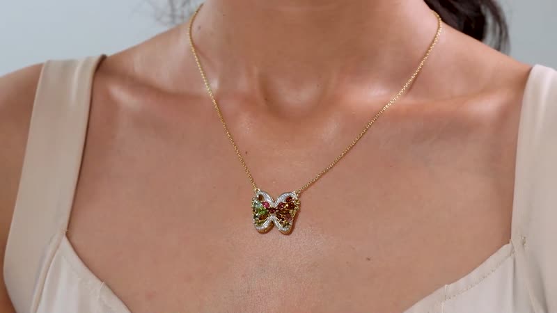 Multi-Tourmaline and Moissanite 3.40 ctw Butterfly Necklace in 18K Vermeil Yellow Gold Over Sterling Silver 18 Inches