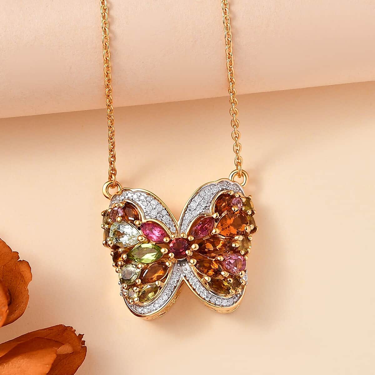 Multi-Tourmaline and Moissanite 3.40 ctw Butterfly Necklace in 18K Vermeil Yellow Gold Over Sterling Silver 18 Inches image number 1