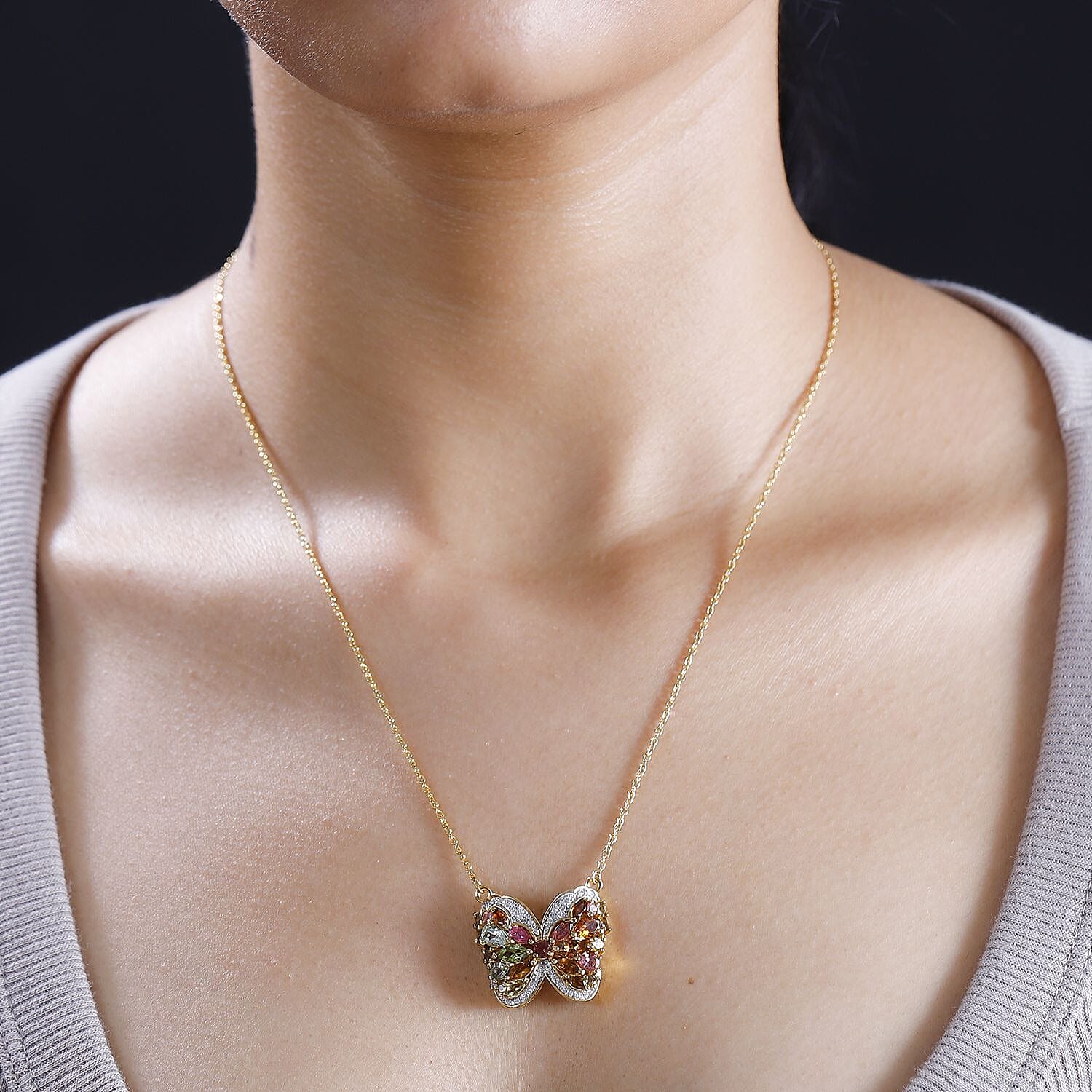 Multi-Tourmaline and Moissanite 3.40 ctw Butterfly Necklace in 18K Vermeil Yellow Gold Over Sterling Silver 18 Inches