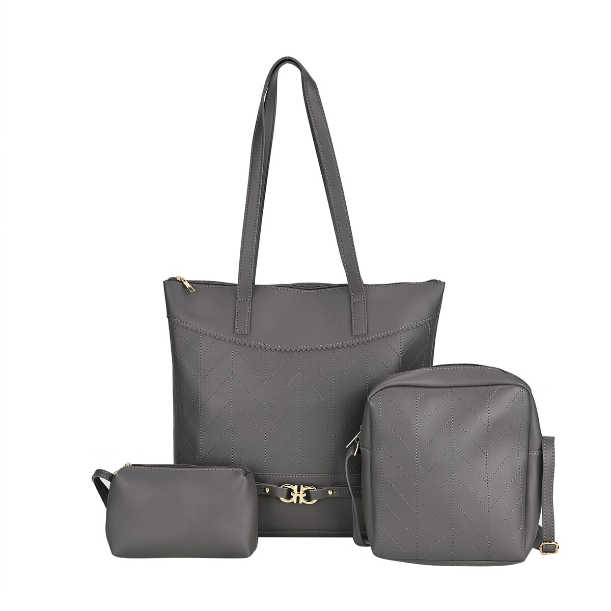 Set of 3 Bags, Dark Gray Faux Leather Tote Bag, Crossbody Bag and Wrist Bag image number 0