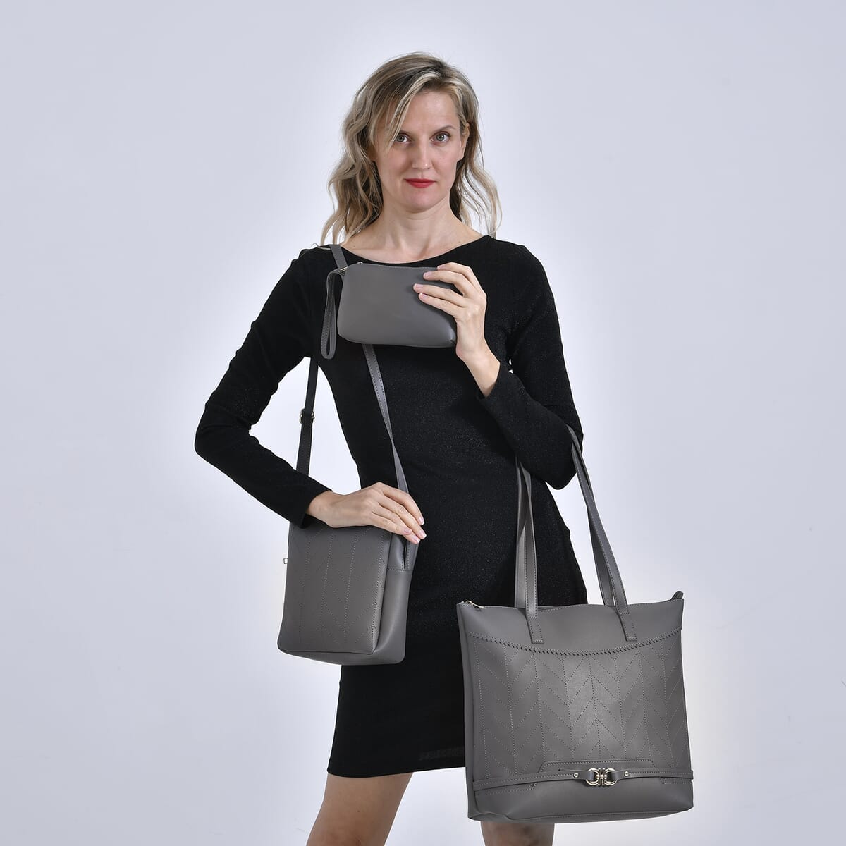 Set of 3 Bags, Dark Gray Faux Leather Tote Bag, Crossbody Bag and Wrist Bag image number 1