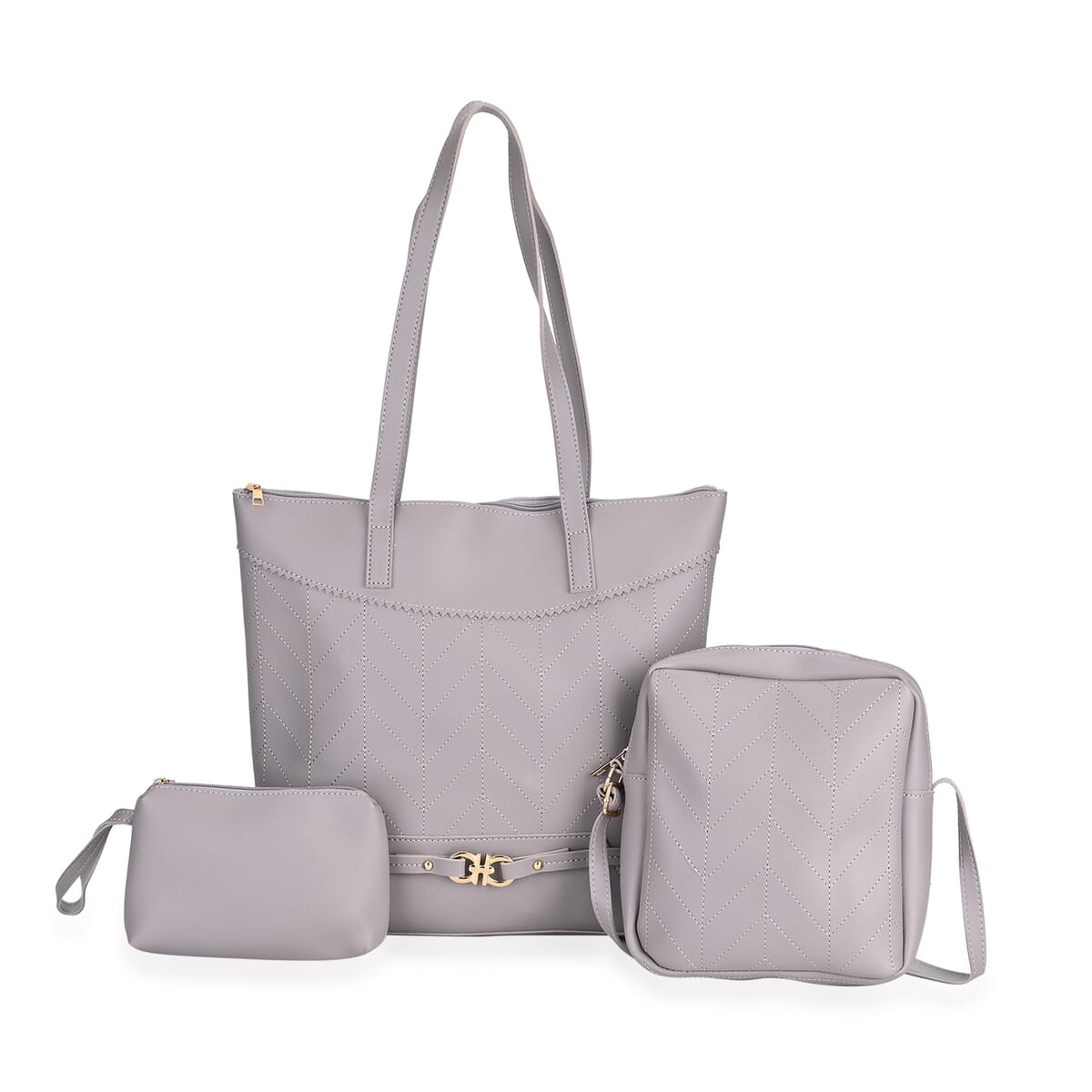 Set of 3 Bags, Light Gray Faux Leather Tote Bag, Crossbody Bag and Wrist Bag image number 0