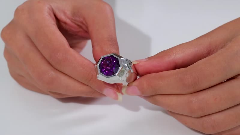 African Amethyst, Moissanite Men's Ring in Rhodium Over Sterling Silver (Size 10.0) 12.55 ctw