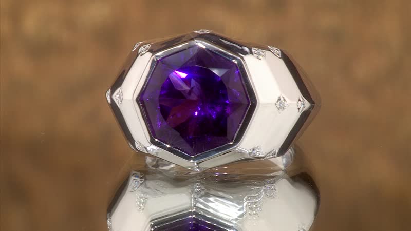 African Amethyst, Moissanite Men's Ring in Rhodium Over Sterling Silver (Size 10.0) 12.55 ctw