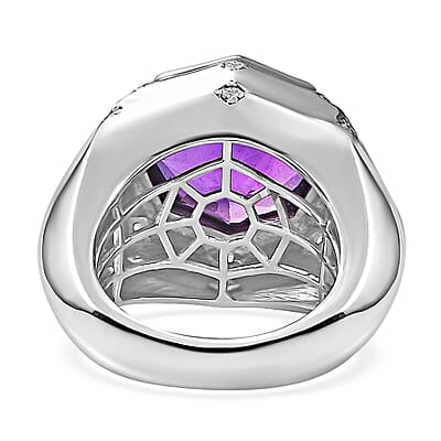D'Joy African Amethyst and Moissanite 12.55 ctw Men's Ring in Rhodium Over Sterling Silver (Size 10.0)
