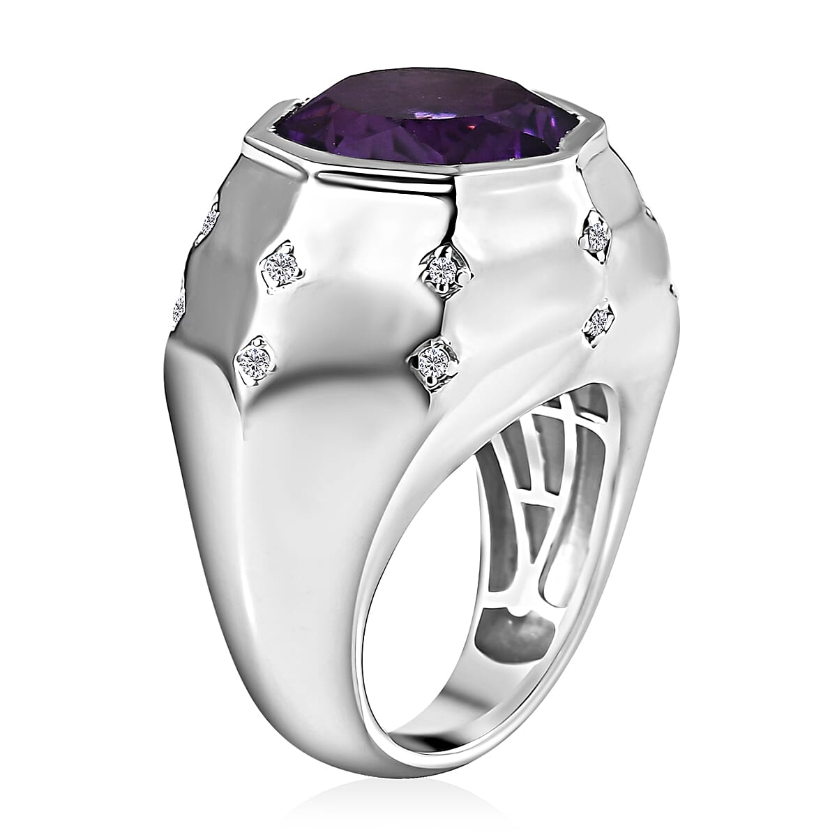 African Amethyst and Moissanite 12.55 ctw Men's Ring in Rhodium Over Sterling Silver (Size 12.0) image number 3