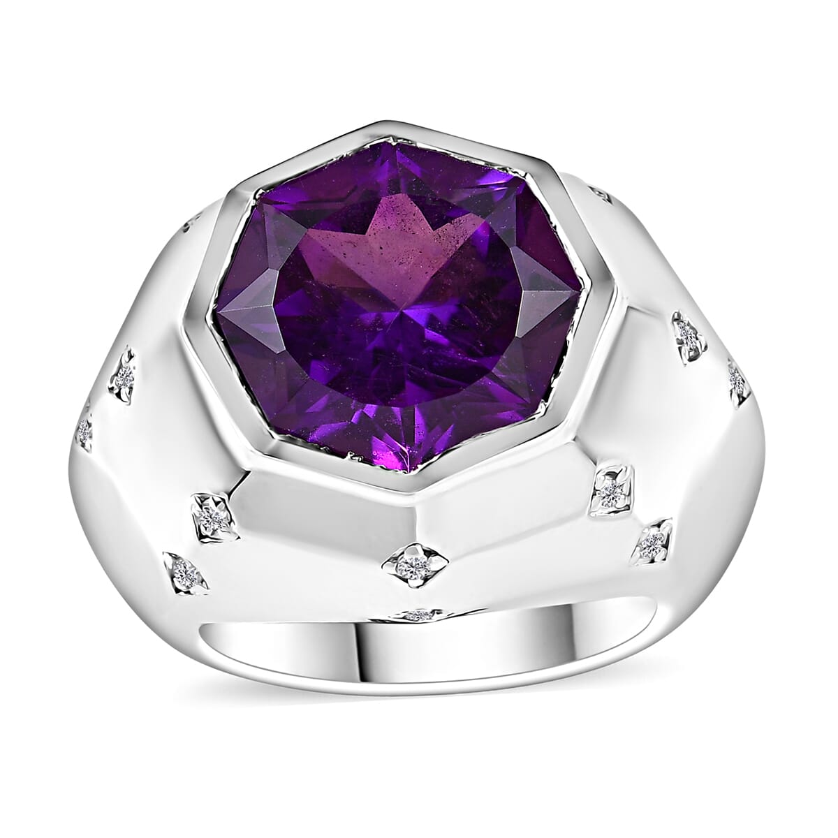 African Amethyst, Moissanite Men's Ring in Rhodium Over Sterling Silver (Size 10.0) 12.55 ctw image number 0