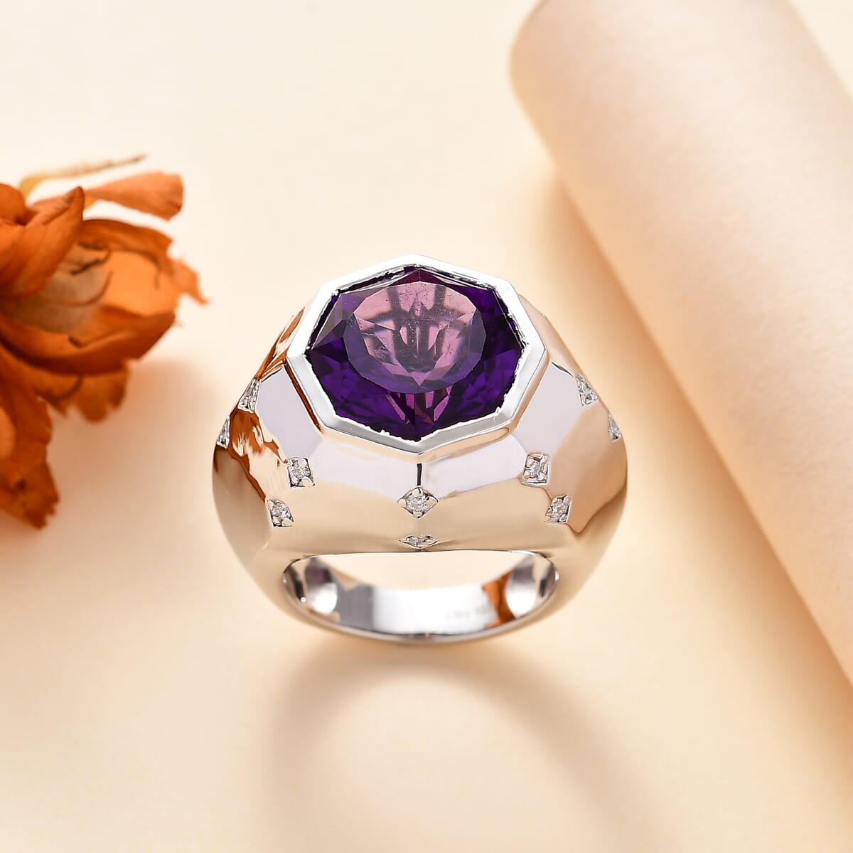African Amethyst, Moissanite Men's Ring in Rhodium Over Sterling Silver (Size 10.0) 12.55 ctw image number 1