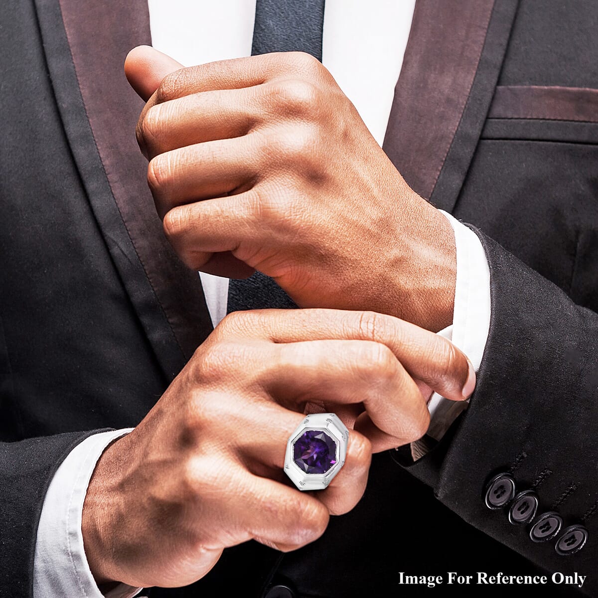 African Amethyst, Moissanite Men's Ring in Rhodium Over Sterling Silver (Size 10.0) 12.55 ctw image number 2