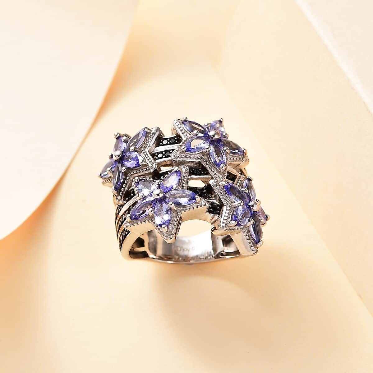 Tanzanite and Thai Black Spinel 3.00 ctw Stars Ring in Rhodium Over Sterling Silver image number 1