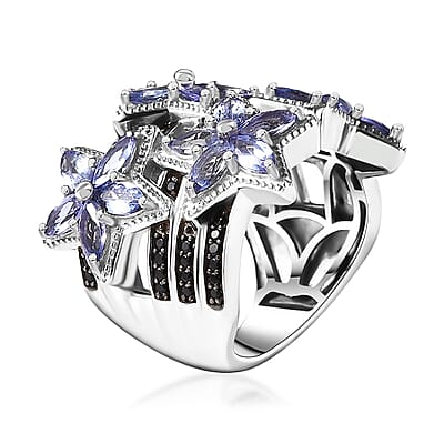 Tanzanite and Thai Black Spinel 3.00 ctw Stars Ring in Rhodium Over Sterling Silver (Size 10.0)