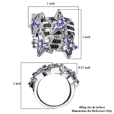 Tanzanite and Thai Black Spinel 3.00 ctw Stars Ring in Rhodium Over Sterling Silver (Size 10.0)