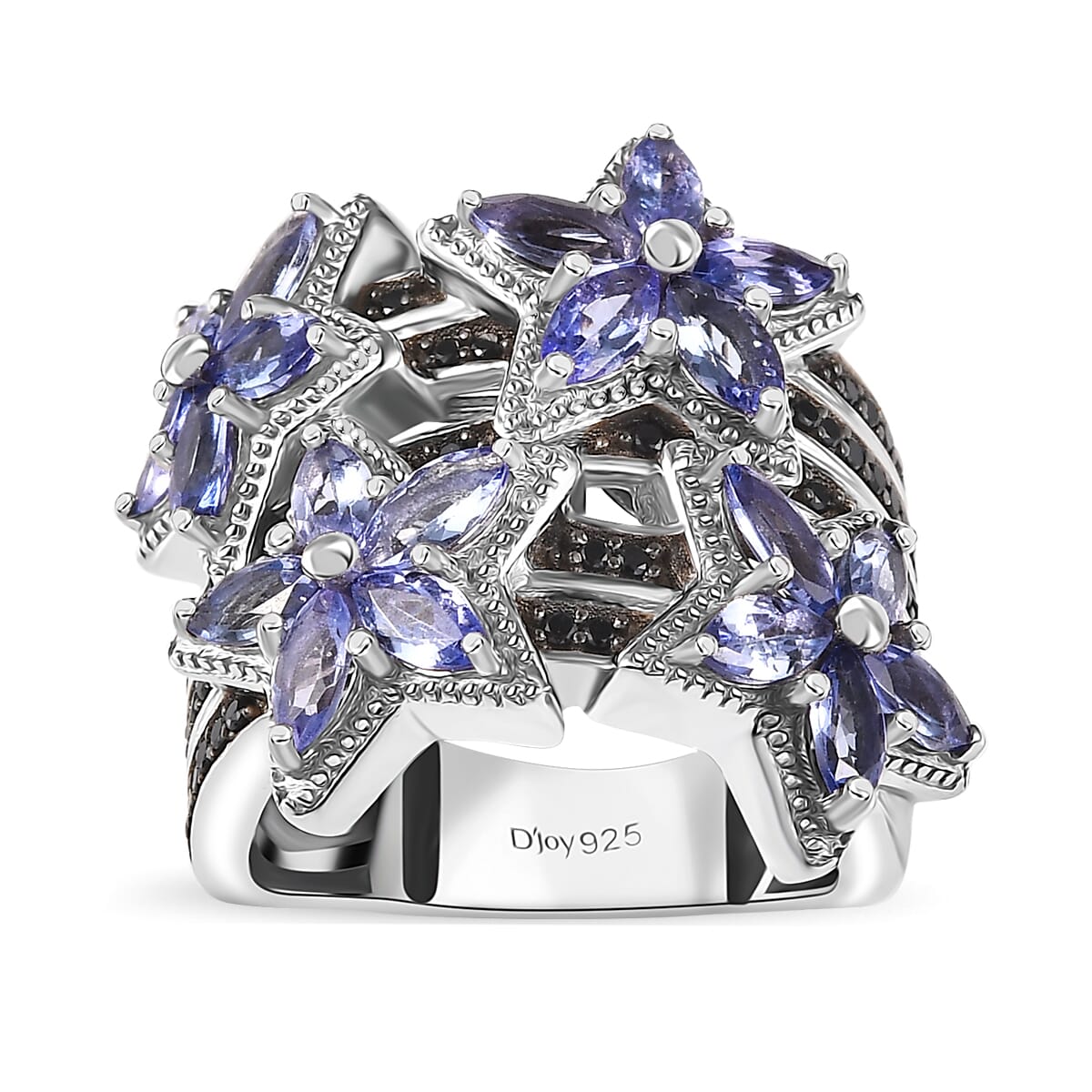 Tanzanite and Thai Black Spinel 3.00 ctw Stars Ring in Rhodium Over Sterling Silver (Size 5.0) image number 0