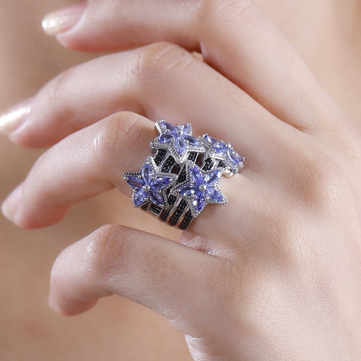 Tanzanite and Thai Black Spinel 3.00 ctw Stars Ring in Rhodium Over Sterling Silver (Size 5.0) image number 2