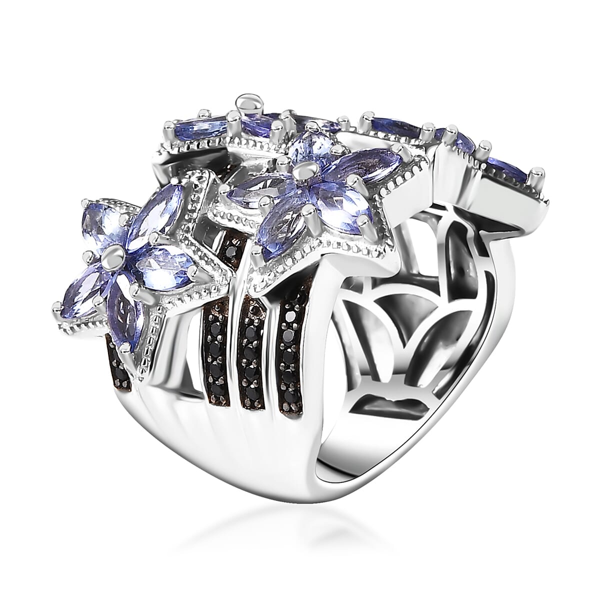 Tanzanite and Thai Black Spinel 3.00 ctw Stars Ring in Rhodium Over Sterling Silver (Size 5.0) image number 3