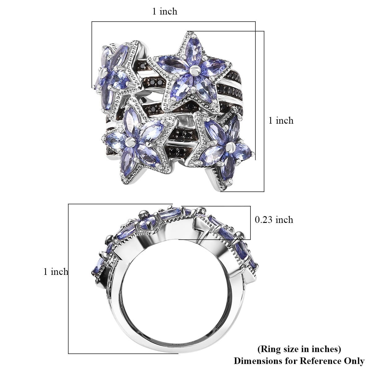 Tanzanite and Thai Black Spinel 3.00 ctw Stars Ring in Rhodium Over Sterling Silver (Size 5.0) image number 5