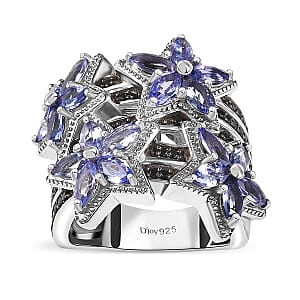 Tanzanite and Thai Black Spinel 3.00 ctw Stars Ring in Rhodium Over Sterling Silver (Size 7.0)
