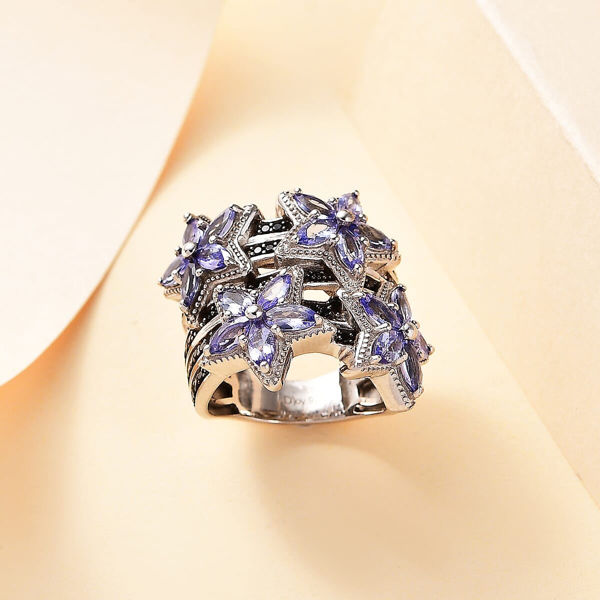 Tanzanite and Thai Black Spinel 3.00 ctw Stars Ring in Rhodium Over Sterling Silver (Size 7.0) image number 1