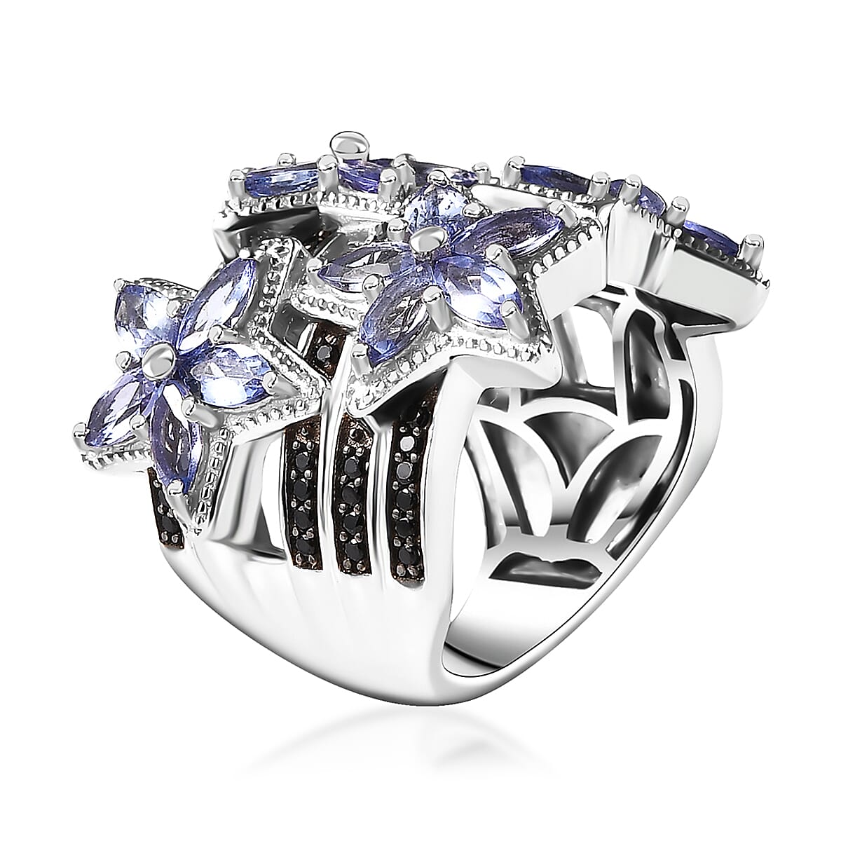 Tanzanite and Thai Black Spinel 3.00 ctw Stars Ring in Rhodium Over Sterling Silver (Size 7.0) image number 3
