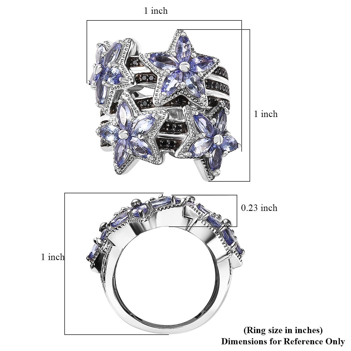Tanzanite and Thai Black Spinel 3.00 ctw Stars Ring in Rhodium Over Sterling Silver (Size 7.0) image number 5
