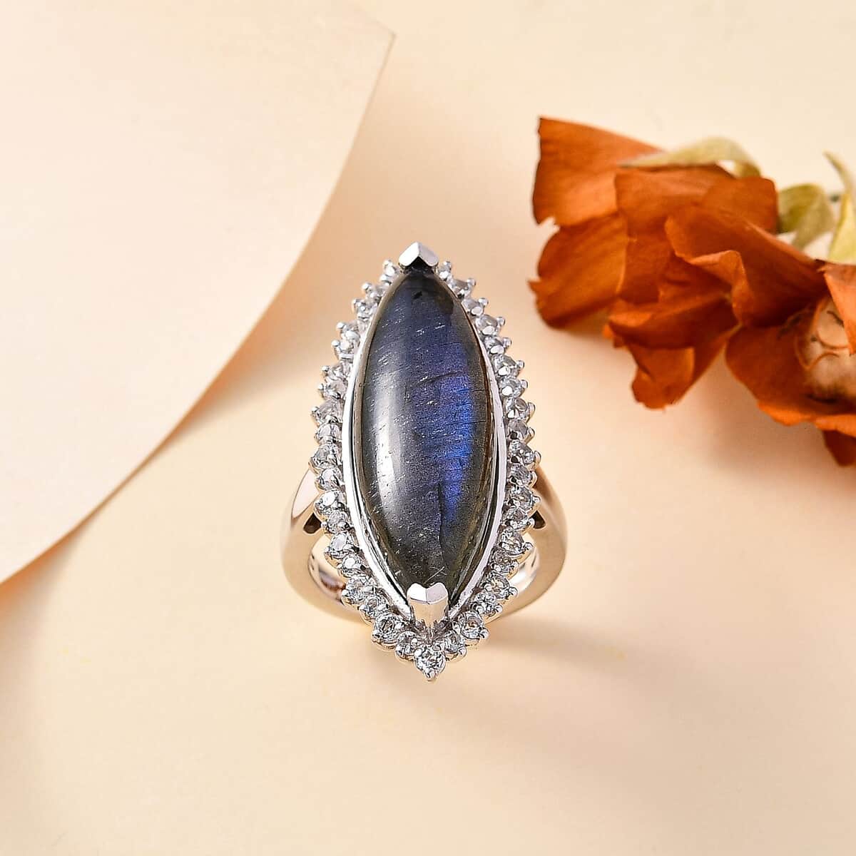 Malagasy Labradorite, White Topaz Ring in Rhodium Over Sterling Silver (Size 10.0) 17.00 ctw image number 1