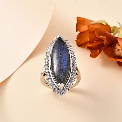 Malagasy Labradorite and White Topaz 17.00 ctw Ring in Rhodium Over Sterling Silver (Size 10.0)