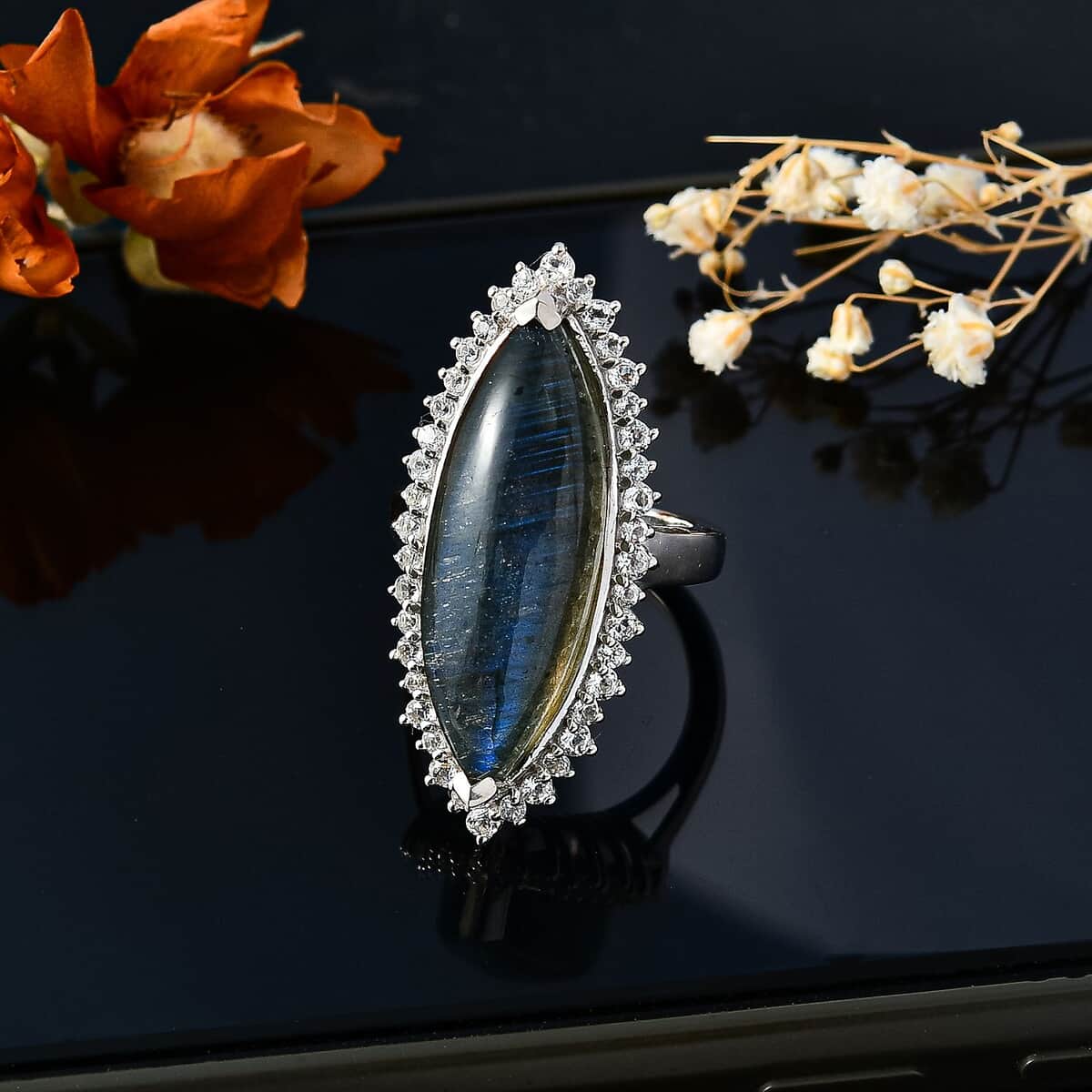 Malagasy Labradorite, White Topaz Ring in Rhodium Over Sterling Silver (Size 10.0) 17.00 ctw image number 2