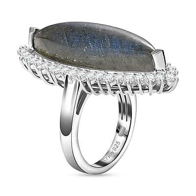 Malagasy Labradorite and White Topaz 17.00 ctw Ring in Rhodium Over Sterling Silver (Size 10.0)