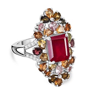 African Ruby and Multi Gemstone 9.11 ctw Cluster Ring in Rhodium Over Sterling Silver (Size 9)