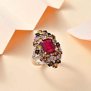 African Ruby and Multi Gemstone 9.11 ctw Cluster Ring in Rhodium Over Sterling Silver (Size 9)