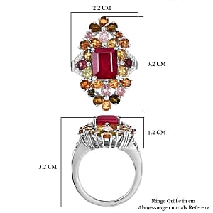 African Ruby and Multi Gemstone 9.11 ctw Cluster Ring in Rhodium Over Sterling Silver (Size 9)